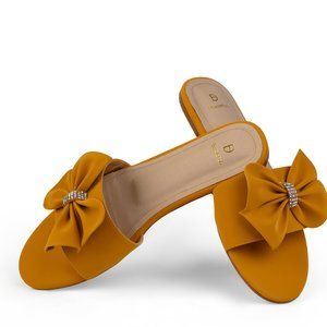 Womens Yellow Rhinesone Bow Flat Sandals